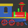 Colorful Children's Toy Train With Yellow Roof Blue Cabin Red Engine Green Stripes And Wheels
