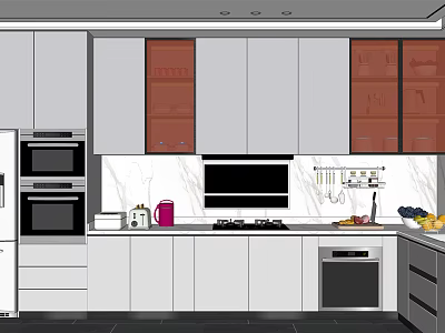 Modern Kitchen With White And Brown Glass Door Cabinets Marble Countertop And Appliances 3d model