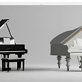 Various Black And White Acoustic Pianos With Stools Open Lid And Music Sheets
