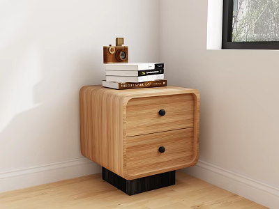Wooden Bedside Table Two Drawers Black Handles With Books Vintage Camera By Window Natural Light 3d model