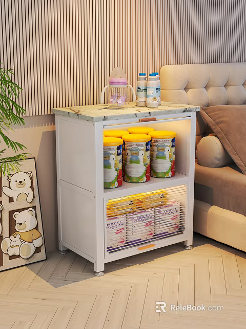 Stylish White Bookcase With Marble Top Holding Milk Powder Cans Diapers In Living Room 3d model 