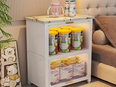 Stylish White Bookcase With Marble Top Holding Milk Powder Cans Diapers In Living Room 3d model