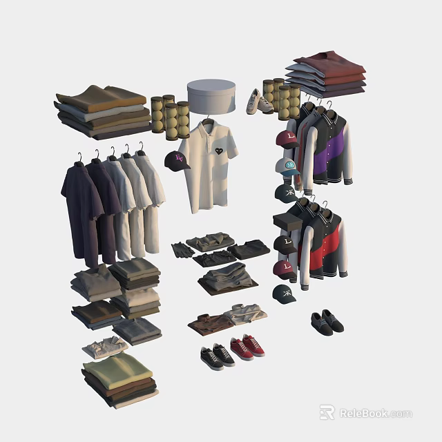 Assorted Clothing Collection Including Hanging Shirts Folded Pants Hats Shoes And Socks 3d model 