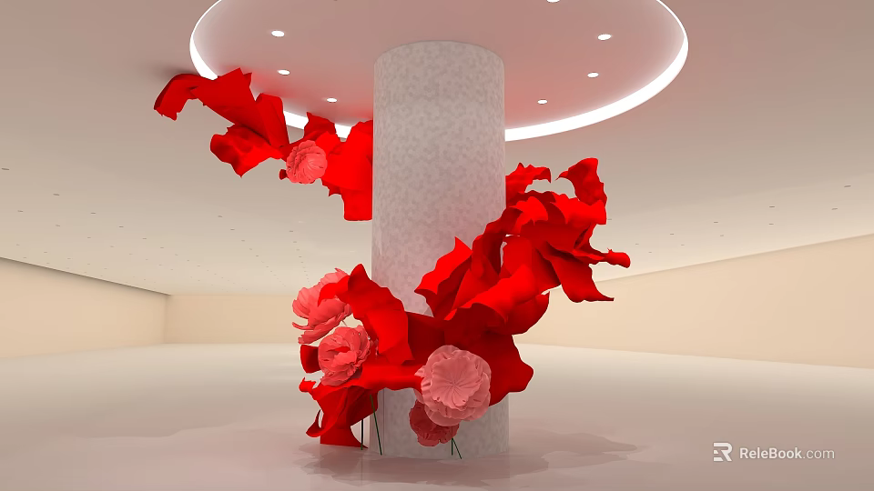 Modern Stage Design With Central Column And Red Flower Decorations And Ceiling Lighting 3d model 