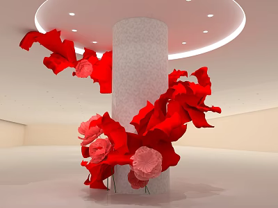 Modern Stage Design With Central Column And Red Flower Decorations And Ceiling Lighting 3d model