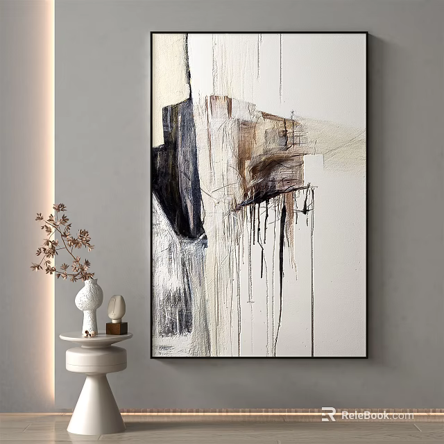 Minimalist Abstract Painting On Wall With Side Table And Decorative Vase 3d model 