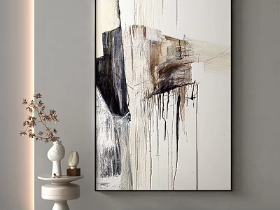 Minimalist Abstract Painting On Wall With Side Table And Decorative Vase 3d model