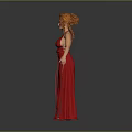 Woman In Red Long Dress With Golden Headdress Holding Yellow Objects On Gray Background