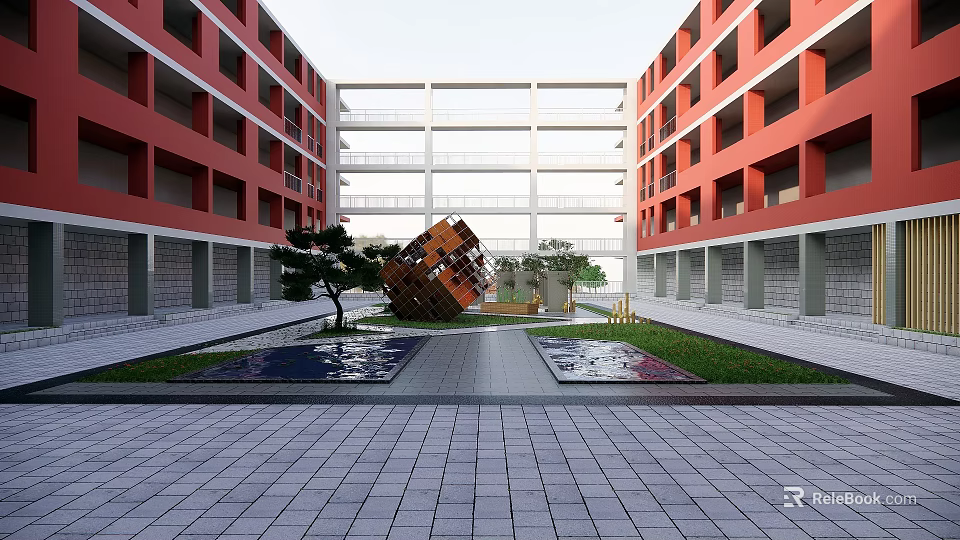 Modern Architectural Courtyard With Red Buildings Sculpture Water Ponds Green Lawn And Paved Ground 3d model 