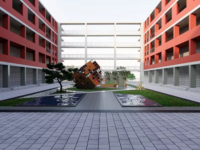 Modern Architectural Courtyard With Red Buildings Sculpture Water Ponds Green Lawn And Paved Ground 3d model