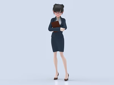Professional Woman In Navy Blue Suit Holding Brown Folder With Bun Hairstyle Glasses And Heels 3d model