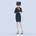 Professional Woman In Navy Blue Suit Holding Brown Folder With Bun Hairstyle Glasses And Heels