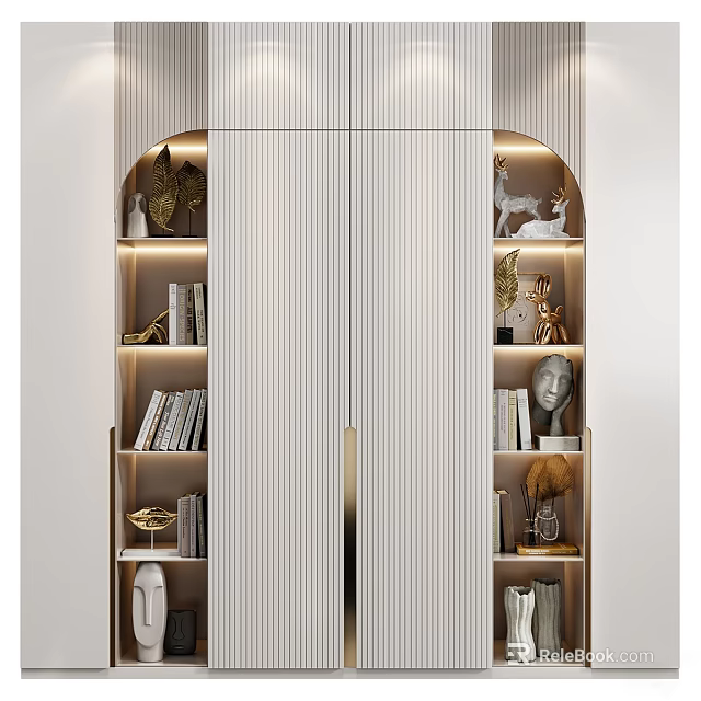 Elegant Modern Bookcase Design With Striped Doors Gold Accents Books And Decorative Sculptures 3d model 