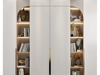 Elegant Modern Bookcase Design With Striped Doors Gold Accents Books And Decorative Sculptures 3d model
