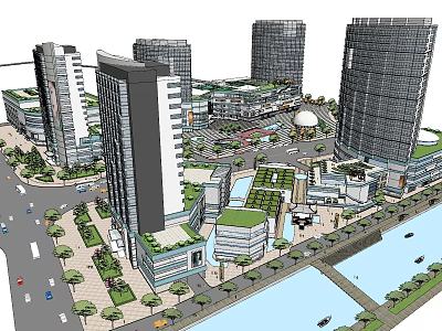 Modern Commercial Complex With High Rise Buildings Open Plaza And Waterfront Greenery 3d model
