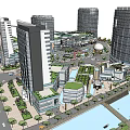 Modern Commercial Complex With High Rise Buildings Open Plaza And Waterfront Greenery