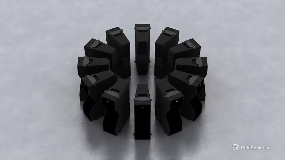 Multiple Black Headphones and Speakers Arranged in Circular Pattern on Sleek Gray Surface 3d model 