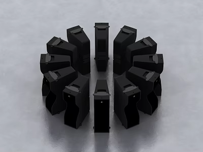 Multiple Black Headphones and Speakers Arranged in Circular Pattern on Sleek Gray Surface 3d model