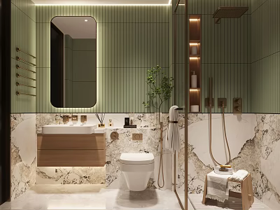 Modern Bathroom Interior Design With Green Striped Walls Marble Counter And Shower Area 3d model