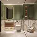 Modern Bathroom Interior Design With Green Striped Walls Marble Counter And Shower Area