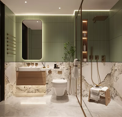 Modern Bathroom Interior Design With Green Striped Walls Marble Counter And Shower Area 3d model