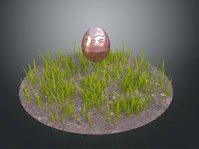 Copper Egg Object Placed On Green Grass Field With Dirt Base 3d model
