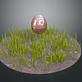 Copper Egg Object Placed On Green Grass Field With Dirt Base