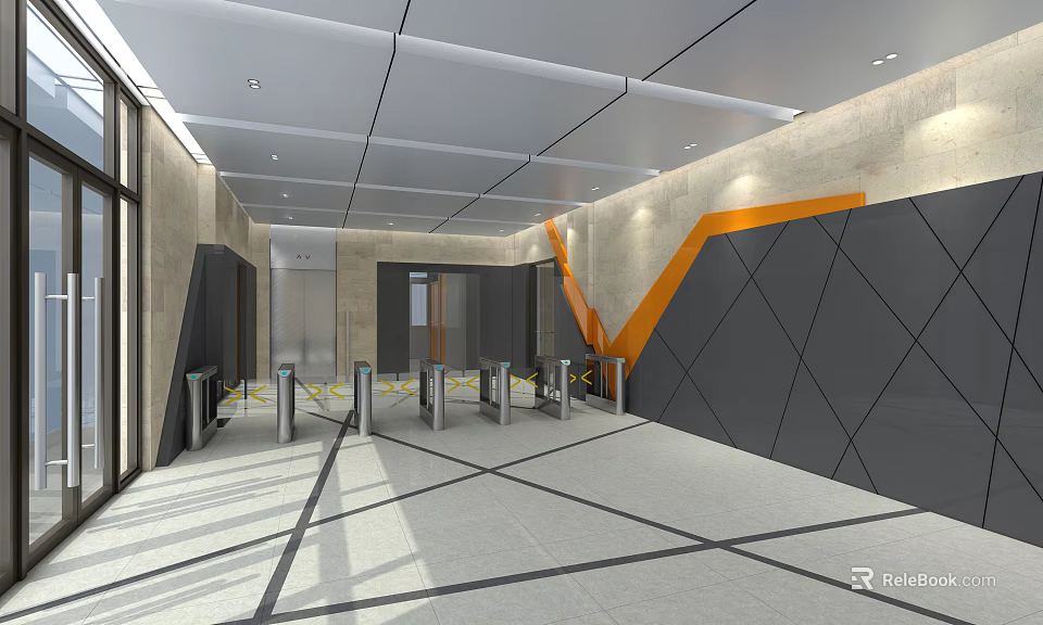 Modern Elevator Hallway Design With Turnstiles Geometric Wall Patterns And Orange Accents 3d model 