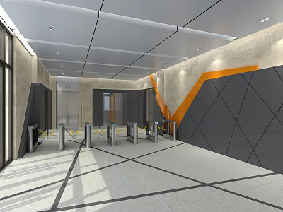 Modern Elevator Hallway Design With Turnstiles Geometric Wall Patterns And Orange Accents 3d model