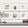 Six Framed Artworks On White Shelf With Potted Plant And Cartoon Figurines 3d model