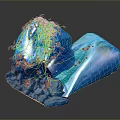 Blue Stone Structure With Wooden Orange Branch Decorations Glossy Surface Rock Texture And Scattered Fragments