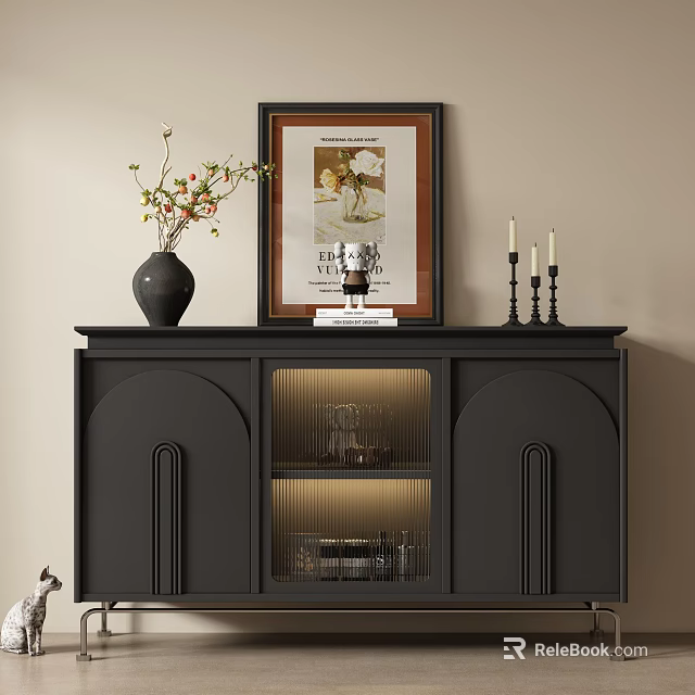 Stylish Black Entryway Cabinet Console Table With Glass Door Storage Vase Framed Art And Candlesticks 3d model 
