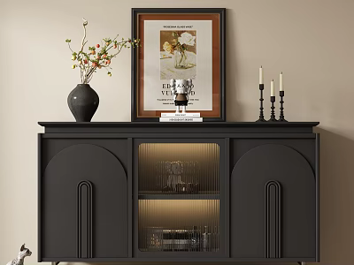 Stylish Black Entryway Cabinet Console Table With Glass Door Storage Vase Framed Art And Candlesticks 3d model