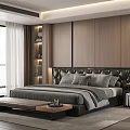 Modern Bedroom Double Bed With Leather Headboard Gray Bedding Nightstand Lamp Large Window Wooden Floor