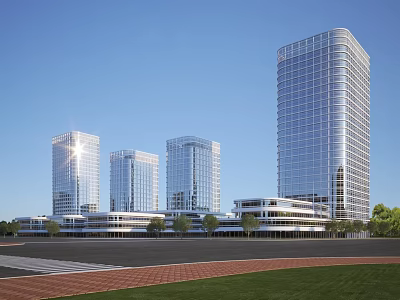 Modern Tall Office Buildings Featuring Glass Facade Green Areas And Low Rise Structures 3d model