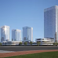 Modern Tall Office Buildings Featuring Glass Facade Green Areas And Low Rise Structures