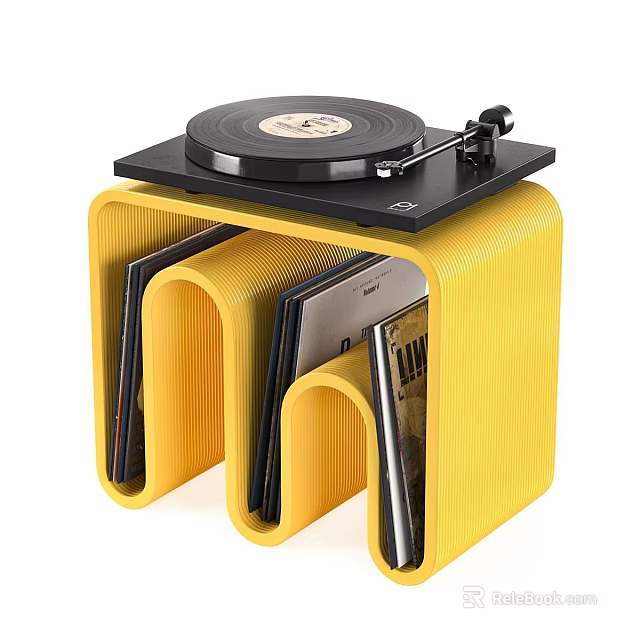 Yellow Side Table with Turntable on Top and Vinyl Records Storage Compartments 3d model