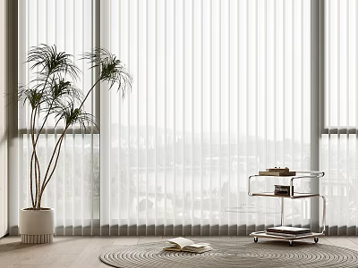 Bright Venetian Blinds in Modern Interior with Large Window Potted Plant Rolling Cart and Rug 3d model
