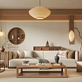 Modern Wooden Living Room Interior Design With Sofa Coffee Table Pendant Light And Decorative Art