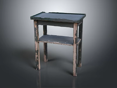 Vintage Wooden Table With Distressed Finish And Two Tier Shelf Structure 3d model