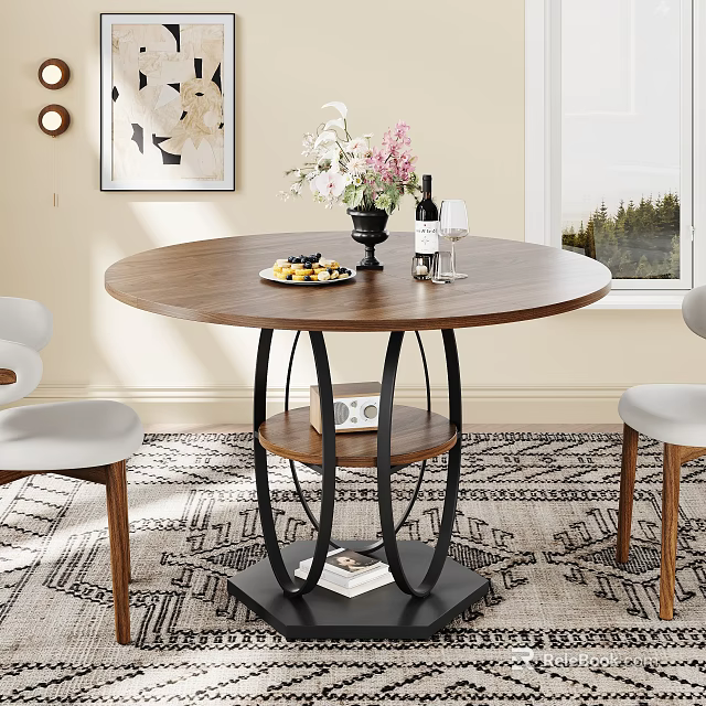 Round Wooden Dining Table Set With Black Metal Base Flower Vase And White Chairs 3d model 