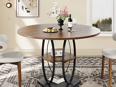 Round Wooden Dining Table Set With Black Metal Base Flower Vase And White Chairs 3d model