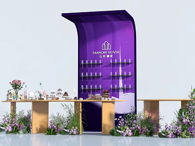 Check in Area At Mandarin Oriental With Purple Backdrop Decorative Flowers And Display Shelves 3d model