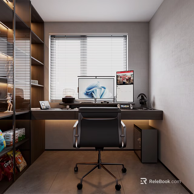 Modern Entertainment Room Interior With Desk Chair Snacks And Storage 3d model 