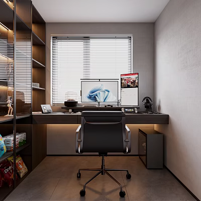 Modern Entertainment Room Interior With Desk Chair Snacks And Storage 3d model