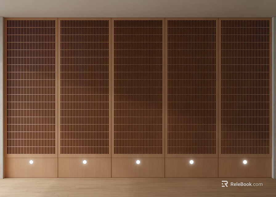 Modern Wooden Panel Room Divider With Lattice Design And Bottom Lights 3d model 