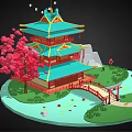 Traditional Chinese Tower With Green Roof Red Columns Cherry Blossom Trees And Stone Bridge
