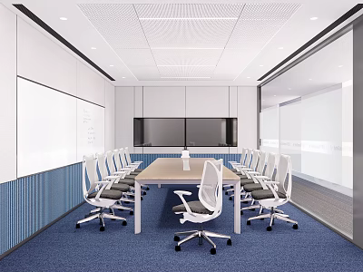 Contemporary Meeting Room Interior With Long Table White Chairs Blue Carpet Whiteboard And Large Screen 3d model