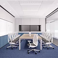 Contemporary Meeting Room Interior With Long Table White Chairs Blue Carpet Whiteboard And Large Screen