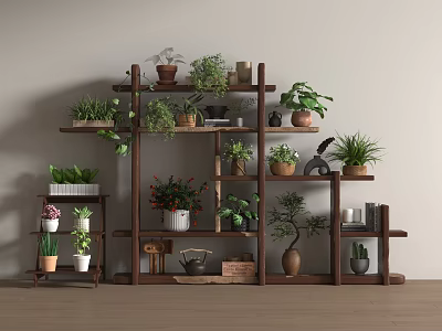 Indoor Multi Tiered Wooden Plant Stand Displaying Various Potted Green Plants Decoratively 3d model